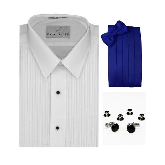 Lay-Down Collar Tuxedo Shirt, Royal Blue Cummerbund, Bow-Tie, Cuff Links & Studs