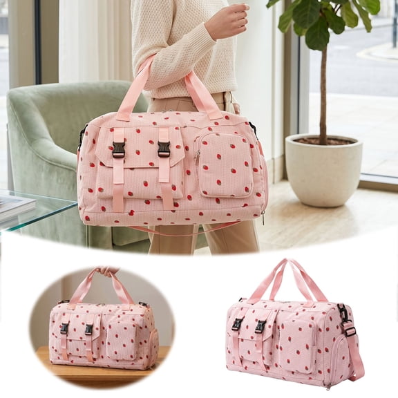 Pink Strawberry Print Corduroy Weekender Bag, Multi-Pocket Overnight Travel Duffel, Stylish Carry-On Tote for Gym & Weekend Getaways