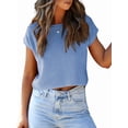 thumbnail image 4 of Women'S Summer Cropped Sweater Vest Trendy Cap Sleeve Crop Tops Crew Neck Loose Knit Tank Top Light Blue L, 4 of 6