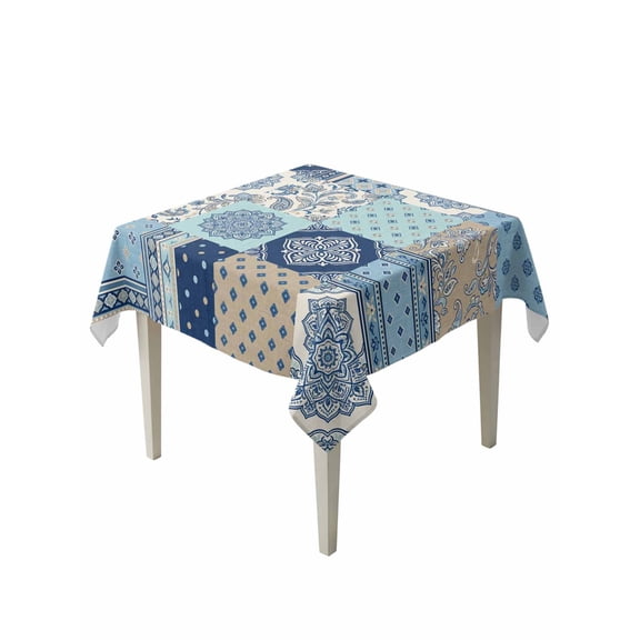 Bohemia Floral Table Cloth, Waterproof Tablecloth for Square Tables, Retro Mediterranean Texture Patchwork Blue Reusable Washable Fabric Table Cover for Restaurant Kitchen Dining Tables 54"x54"
