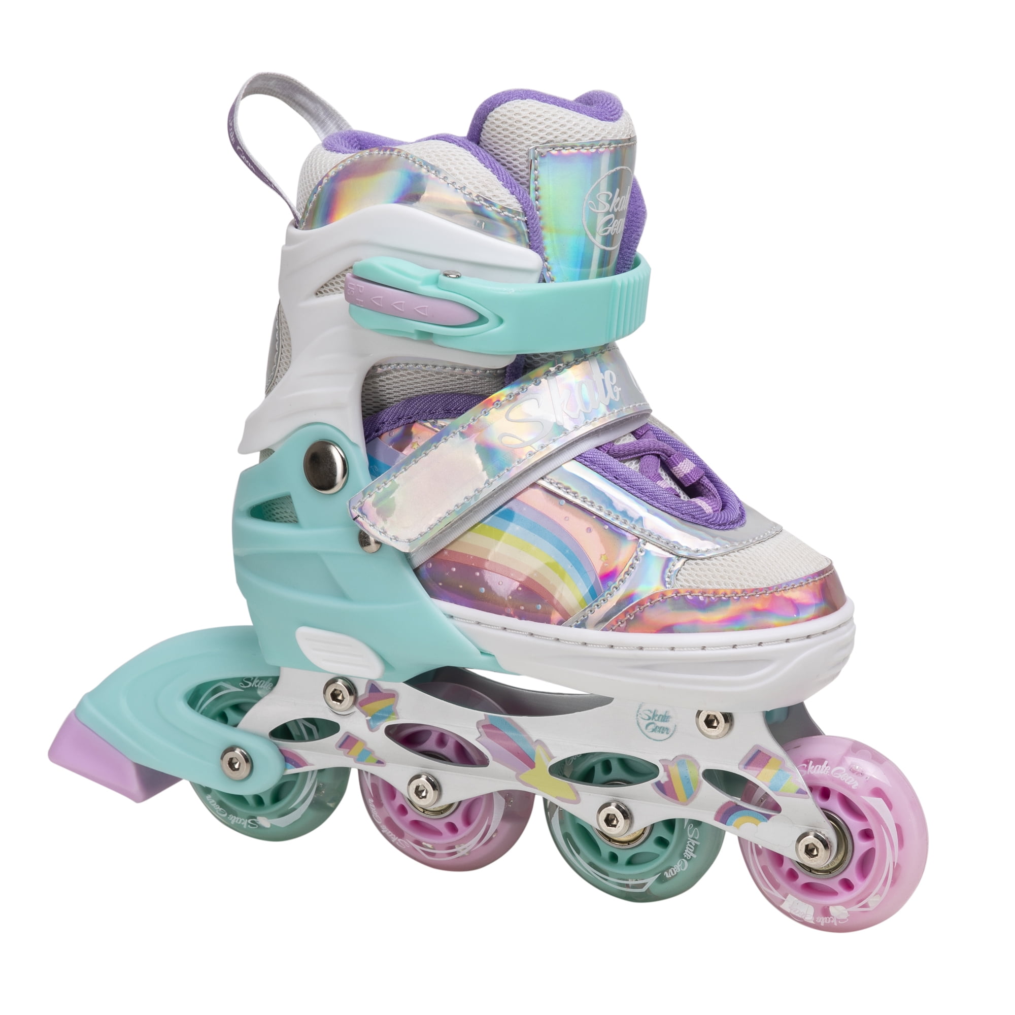 Skate Gear Rainbow Adjustable Light up Inline/Quad Roller Skates for Girls and Boys (Pink - Inline, Large)