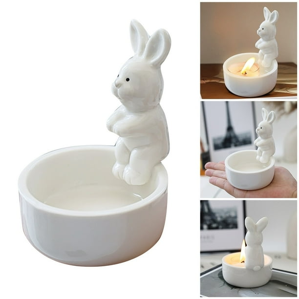 Portavelas de cerámica con forma de conejo. Portavelas elegante. Portavelas con forma de animalito. Adorno de escritorio para el día a día o para regalar.