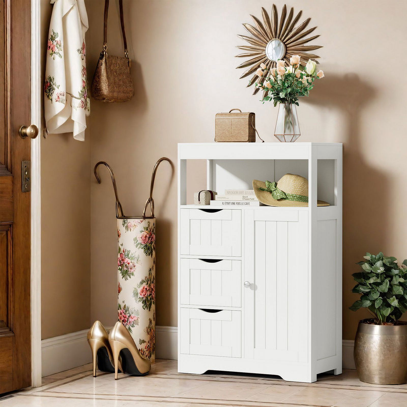 Homall Wood Bathroom Floor Cabinet with 3 Drawers and 1 Cupboard Free Standing Storage Organizer Hallway Entryway Cabinet for Living Room Kitchen, White