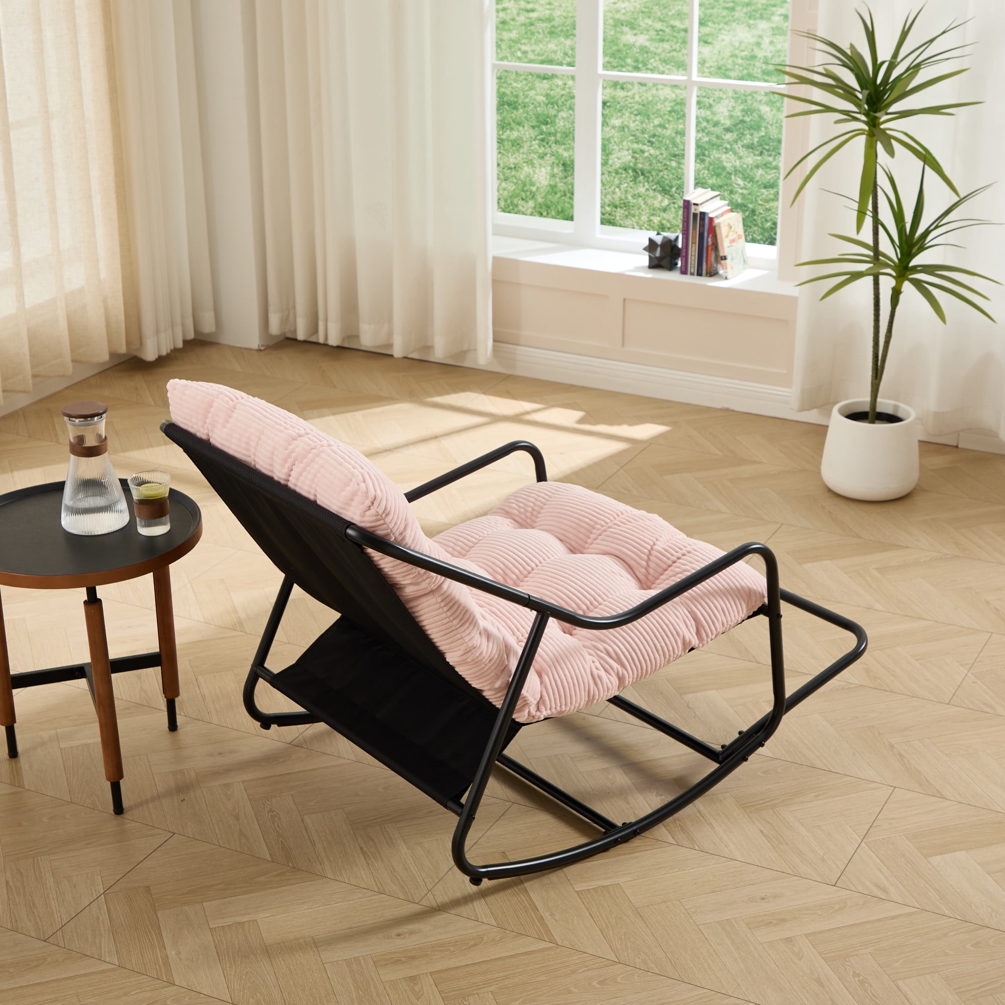 Howcool Patio Rocking Chair with Footrest & Cushion, Curved-Arm Glider Rocking Chair, Indoor Accent Chair