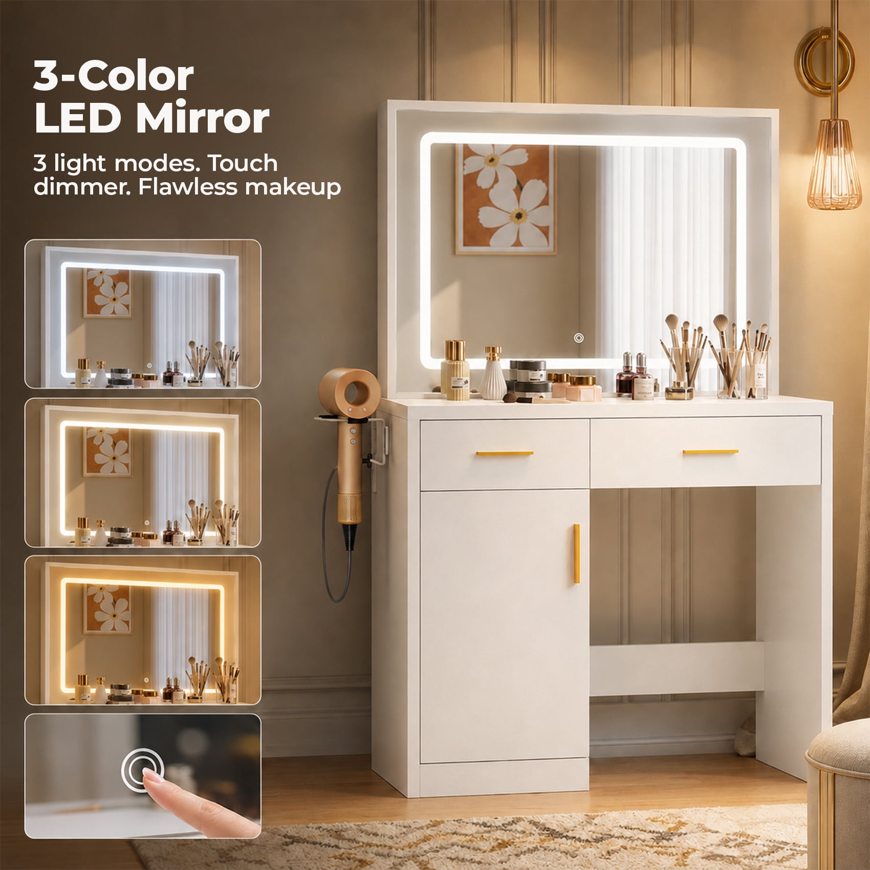 Alvantor Makeup Vanity Desk with Glass Top & LED Mirror, Adjustable Lighting, Storage Drawers, White