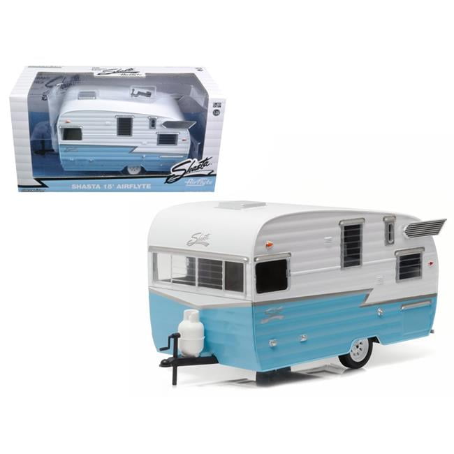 1962 Shasta Airflyte Travel Trailer Yellow and Green with Blue Stripe Hitched Homes Series 9 1/64 Diecast Model by Greenlight 34090 E