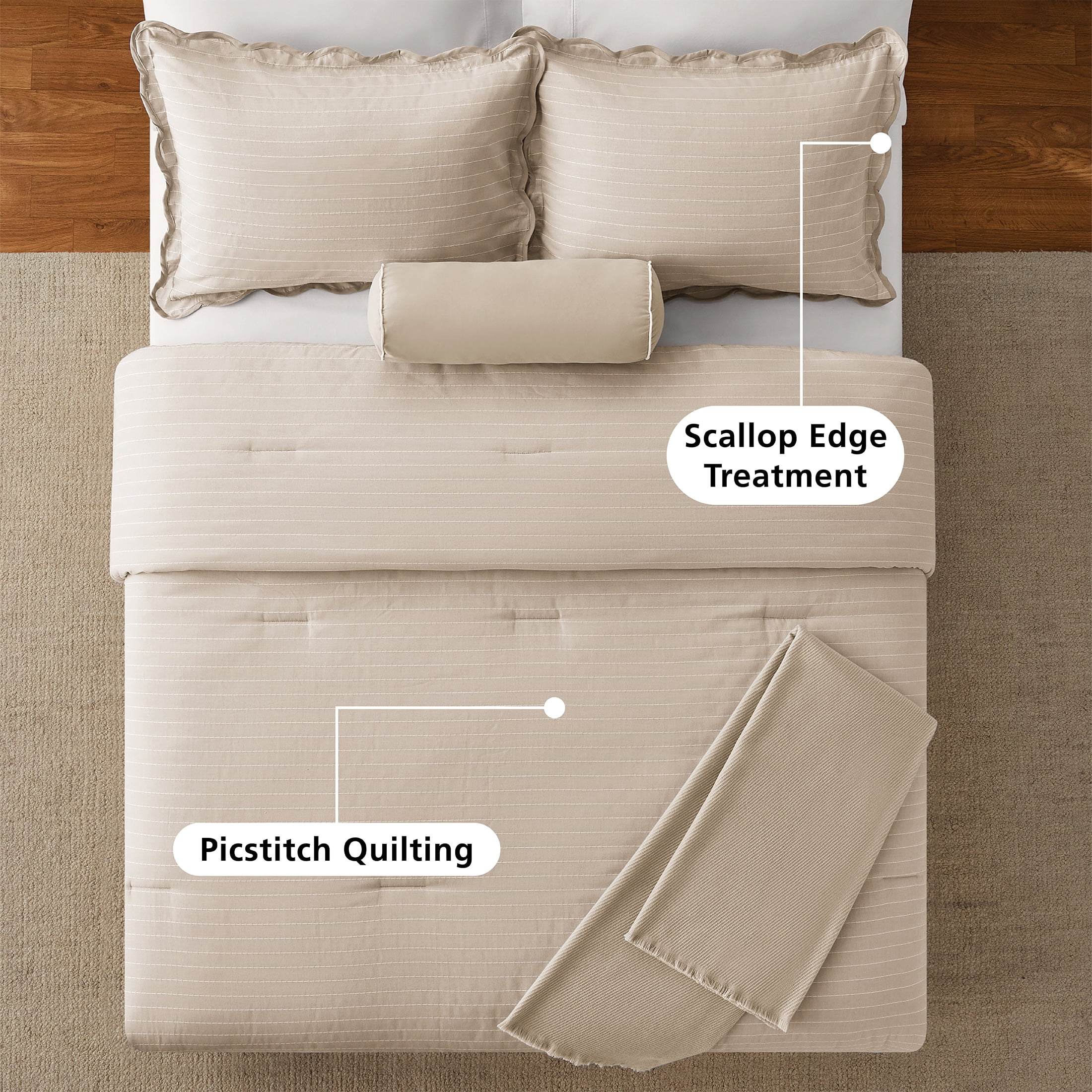 Mainstays King Comforter Set, All-Season, 5-Piece, Tan Pick Stitch Scallop