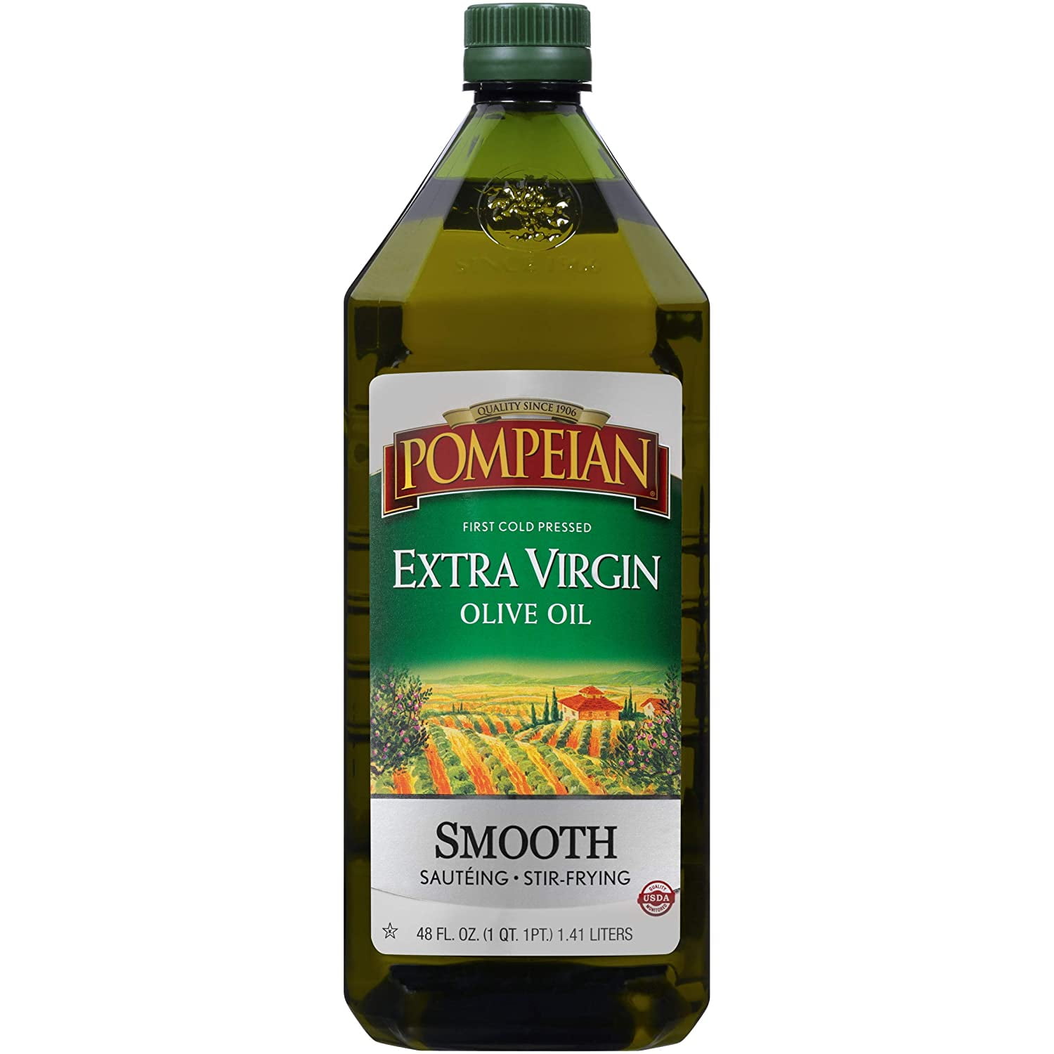 Pompeian Smooth Extra Virgin Olive Oil, First Cold Pressed, Mild and Delicate Flavor, Perfect for Sauteing and Stir-Frying, Naturally Gluten Free, Non-Allergenic, Non-GMO, 48 FL. OZ., Single Bottle