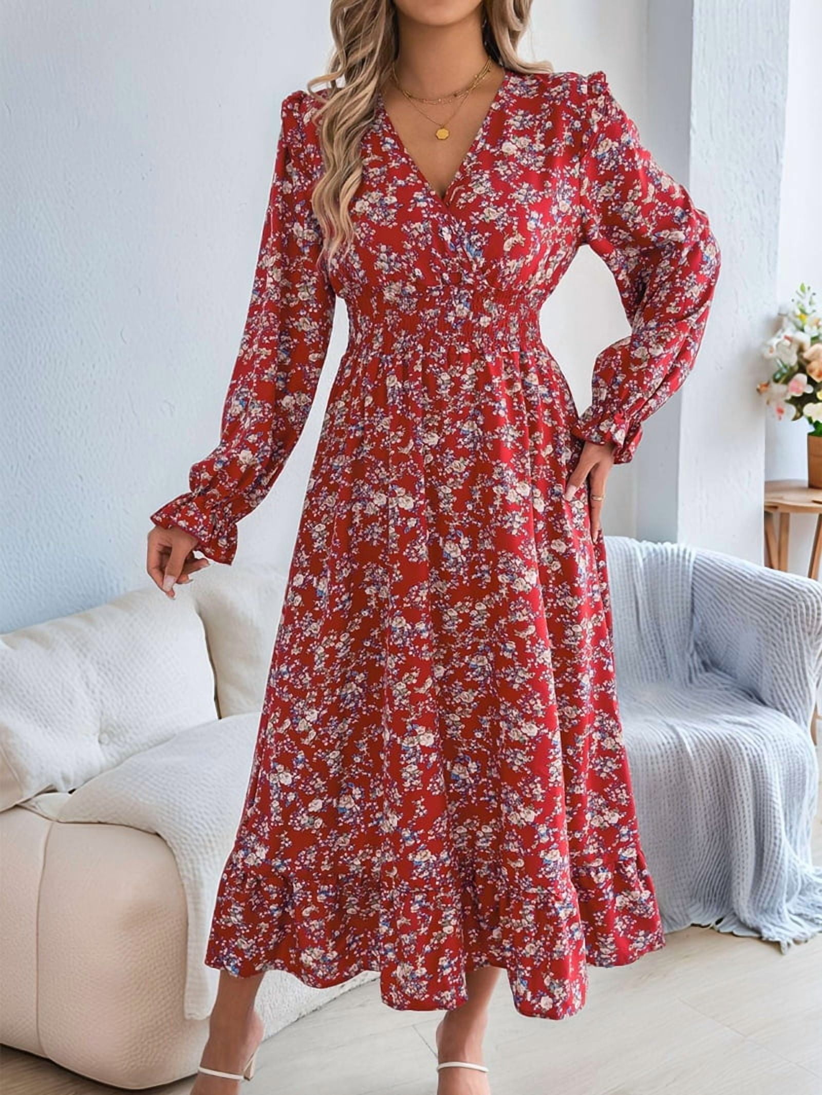 Women'S Long Sleeve Floral Print V-Neck Ruffle Hem Maxi Dress Shirred Waist Red M