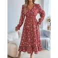 thumbnail image 5 of Women'S Long Sleeve Floral Print V-Neck Ruffle Hem Maxi Dress Shirred Waist Red L, 5 of 9