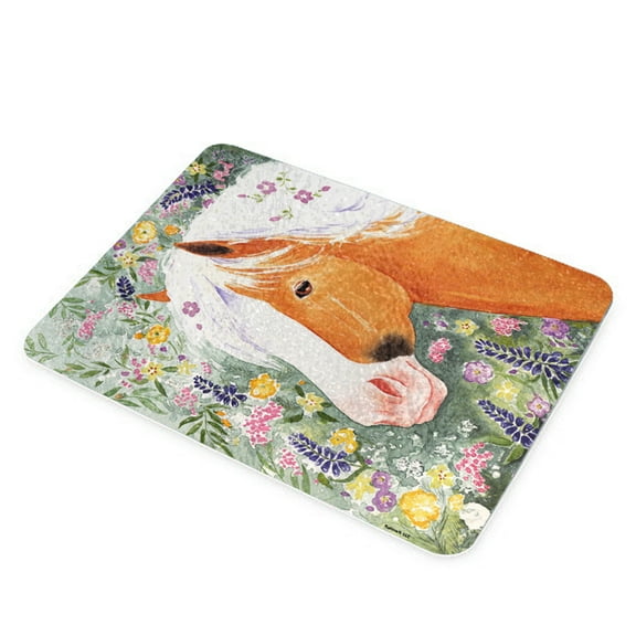 KuzmarK Glass Cheese Cutting Board 11"x7.75" - Palomino Welsh Pony with Welsh Wildflowers Horse Art by Denise Every