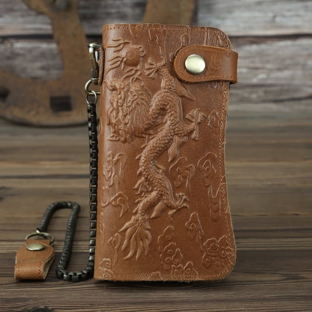 Cartera de mano de cuero con estampado de dragón vintage para hombre, billetera larga antirrobo, bolso de cuero para hombre, llavero, billetera para hombre