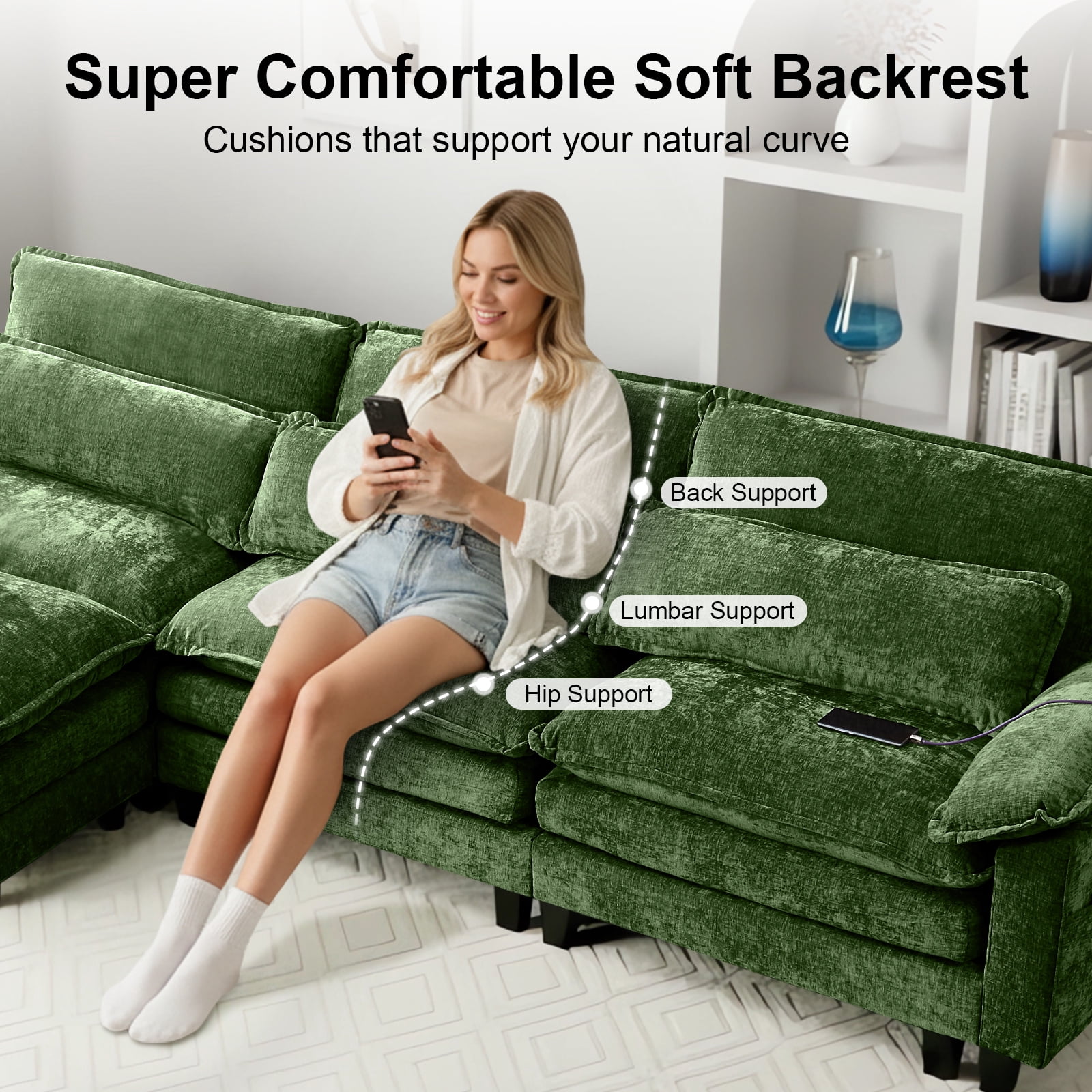 113'' Modular Sectional Sofa,L Shaped Couch with Movable Ottoman, Convertible Sectional Couches with Deep Seat, 3 Seat for Living Room Comfy Cloud Sofa with USB Side Pockets & Charging(Green)