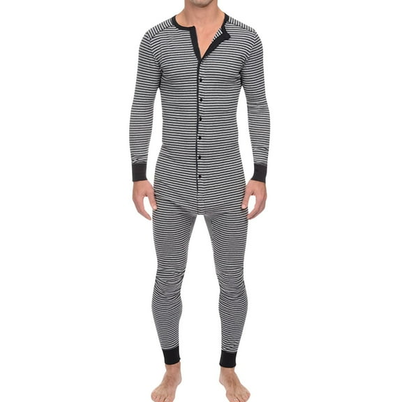 ZTTD Men's Casual Stripe Button Rib Sleeve Onesie Paste Jumpsuit Pajamas Homewear