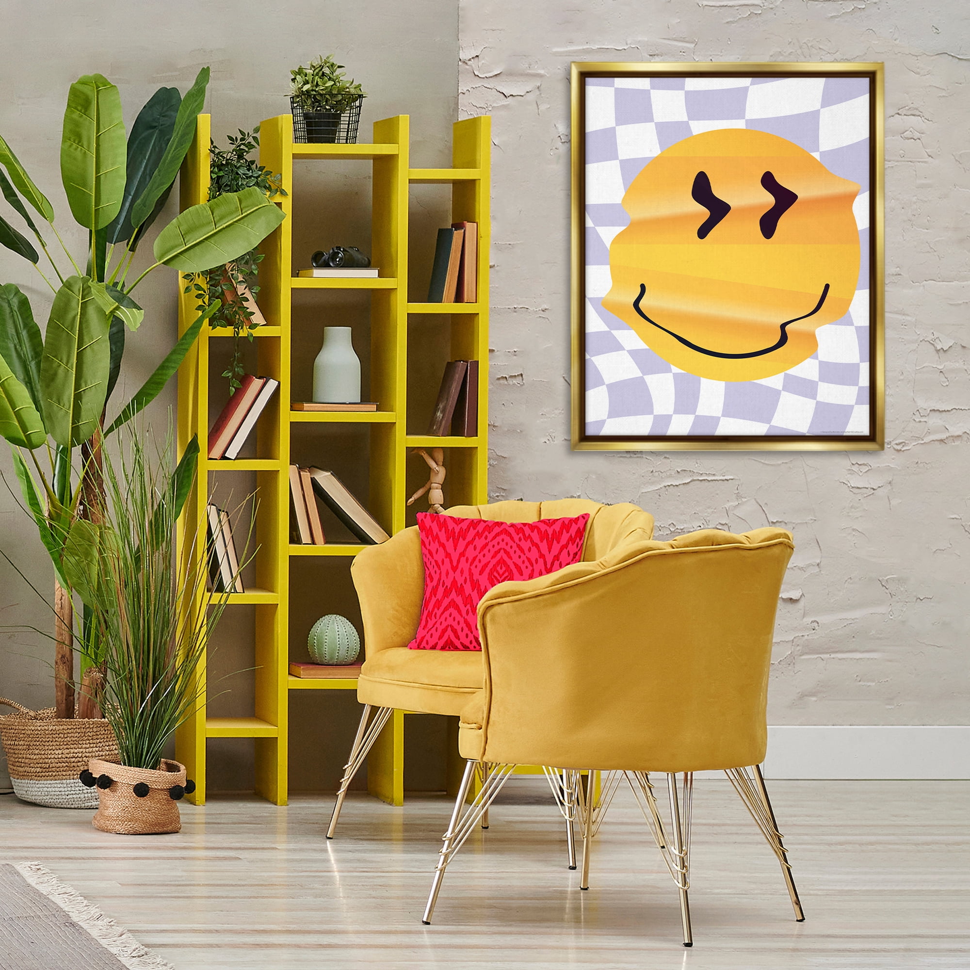 Stupell Industries Wavy Checkered Smile Abstract Painting Gold Floater Framed Canvas Art Print Wall Art, 25 x 31