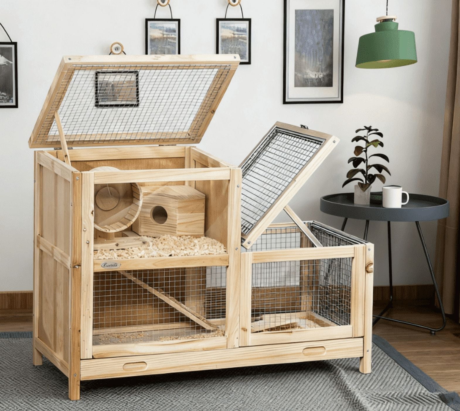 2-Tier Wooden Hamster Cage, Small Animals Hutch,Natural