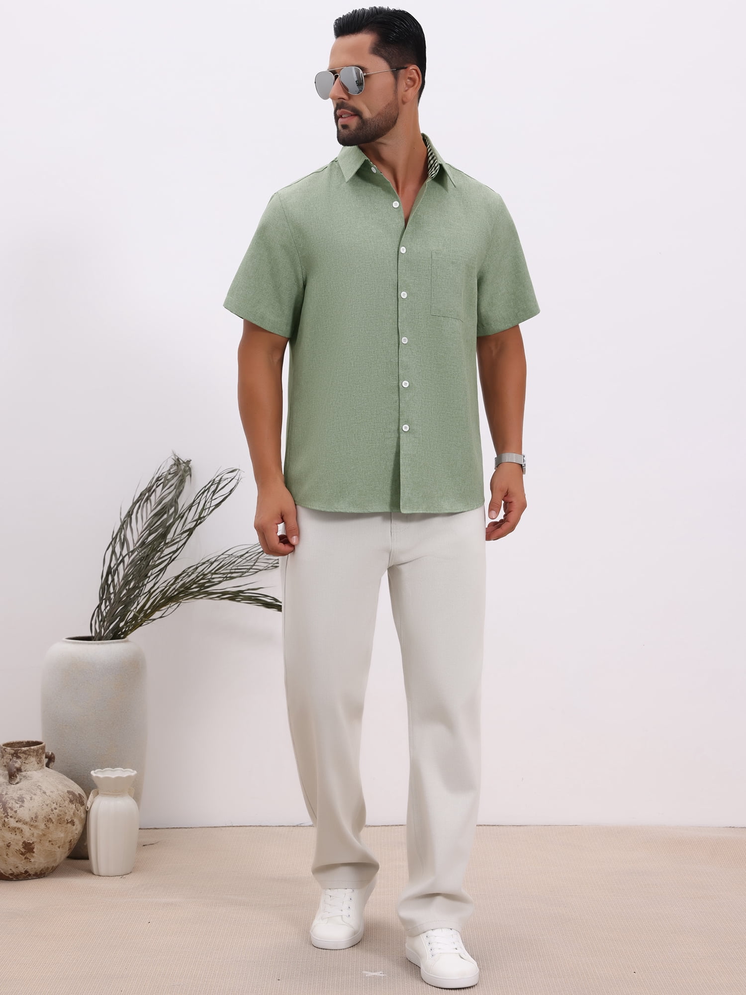 DARING DIVA Men's Plain Linen Short Sleeve Contrast Color Collar Shirts XL Light Green