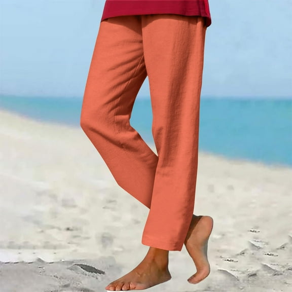 DPTALR Women's Summer Linen Casual Pants,Elastic Drawstring Waist for Beach,Travel,Orange,Size XXL