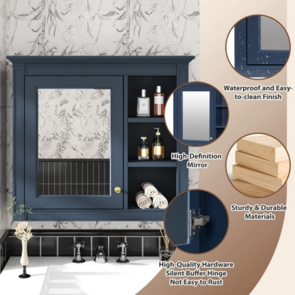 30"x 28" Wall Mounted Bathroom Medicine Cabinet with Mirror, Bathroom Storage Cabinet with Adjustable Shelf & 3 Open Shelves, Modern MDF Mirror Cabinet, Navy Blue