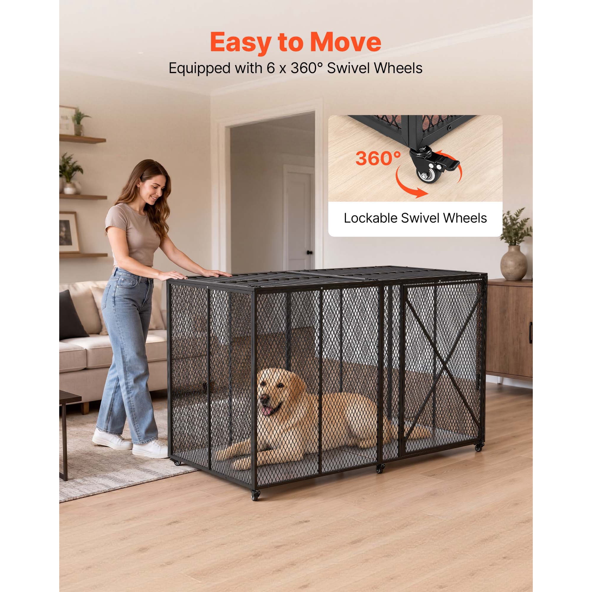KFFKFF 64-Inch Heavy-Duty Dog Crate, 300 lbs Capacity, Durable Escape-Resistant Kennel for Large Anxious Dogs, Steel Pet Cage with Dual Doors & Lockable Wheels