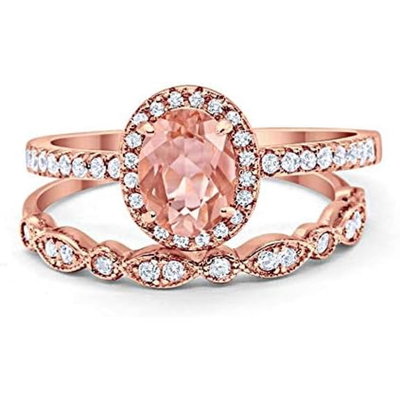 Divine Creation 14K Rose Gold Plated 2.10 Ct Oval Cut Morganite Wedding Engagement Halo Bridal Ring Set 925 Sterling Silver For Women's -9