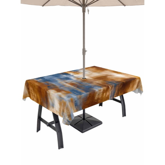 Outdoor Tablecloth with Umbrella Hole for Patio/Picnic/Party/Camping, Blue Brown Waterproof Table Cloth Rectangle Table Cover Washable, Vintage Minimalist Abstract Aesthetic Boho Art (52"x 70")