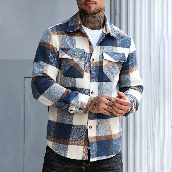 sdhkgrrt Men's Long Sleeve Button Up Plaid Shirt Fall Winter Casual Basic Tops Trendy Work Business Outfits Clothes, Blue L