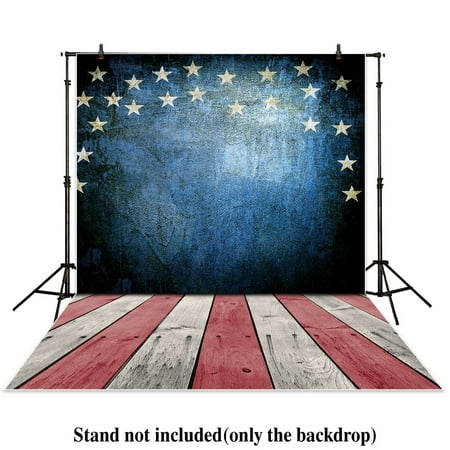 Image of MOHome 5x7ft photography backdrops retro Blue Brick wall wooden floor Patriotic American Flag 4th of July independence Day banner photo studio booth newborn baby shower background photocall
