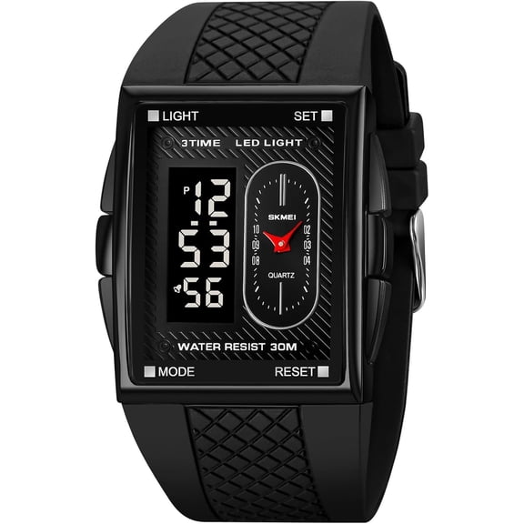 Fashion Men's Digital Analog Watches Square Face Sport Casual Dual Display Multifunctional Wristwatch for Men with Alarm Waterproof LED Luminous