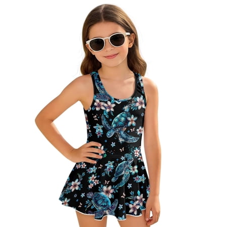 Uorisanigo Blue Sea Turtle Floral Girls Swimsuits One Piece Sleeveless Swimwear Bathing Suit Polyester and Spandex Beach Swim Dress Size 12-13