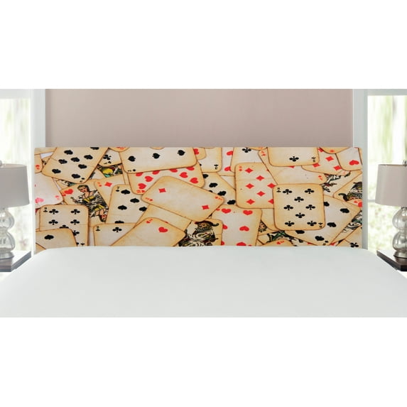 Casino Headboard, Old Playing Cards Themed Vintage Classic Style Entertaining Wealth Fortune, Upholstered Decorative Metal Bed Headboard with Memory Foam, King Size, Beige Red Black, by Ambesonne