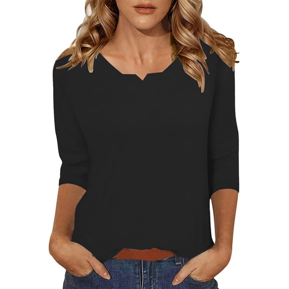 Yubnlvae Black Womens 3/4 Length Sleeve Tunic Tops Casual V Neck Shirts Basic Tees Business Work Blouses Summer Fall 2025 Clothes, L