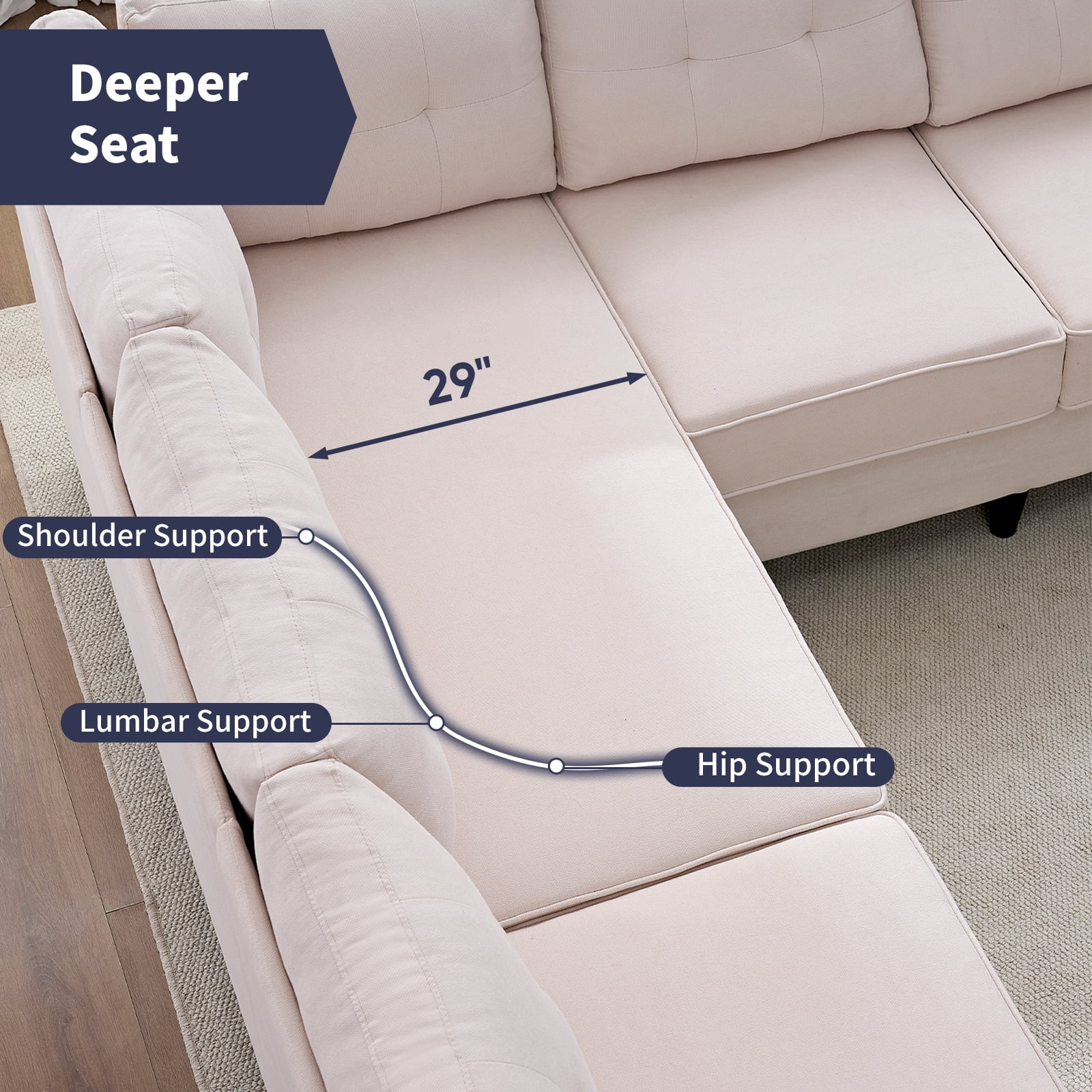 ZAFLY L Shaped Sectional Couch, Corner Couches and Sofas with Side Pockets, Sectionals for Living Room - Beige