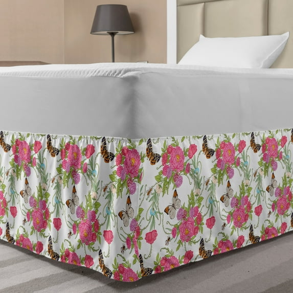 Spring Bed Skirt, Rhythmic Insects Butterflies on Flowers Botanical Leaves Illustration, Elastic Bedskirt Dust Ruffle Wrap Around for Bedding Decor, 4 Sizes, Pastel Pink Multicolor, by Ambesonne
