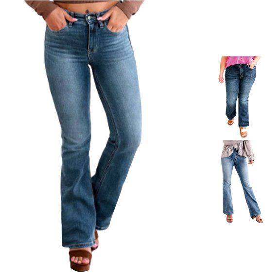 Trendfront Womens Solid Color Flare Jeans High Waisted Front Pockets Full Length Fitted Casual Bell Bottom Denim Pants