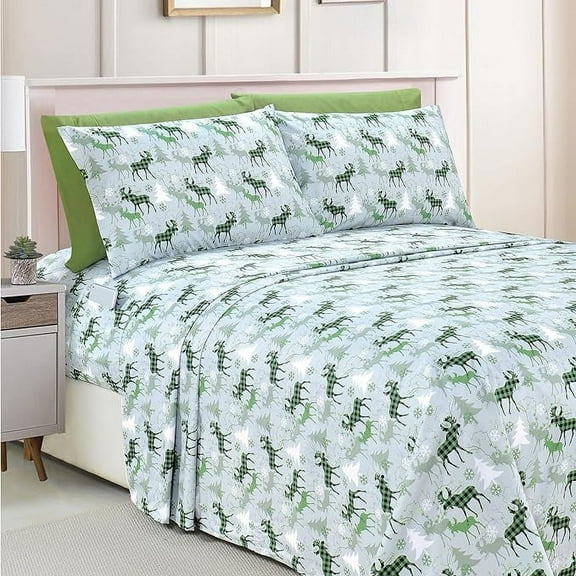 Mocassi Luxury Soft Bed Sheets Holiday Pattern 1500 Series Microfiber-Softness Wrinkle and Fade Resistant (6-Piece) Bedding Set, Full, Plaid Moose Green