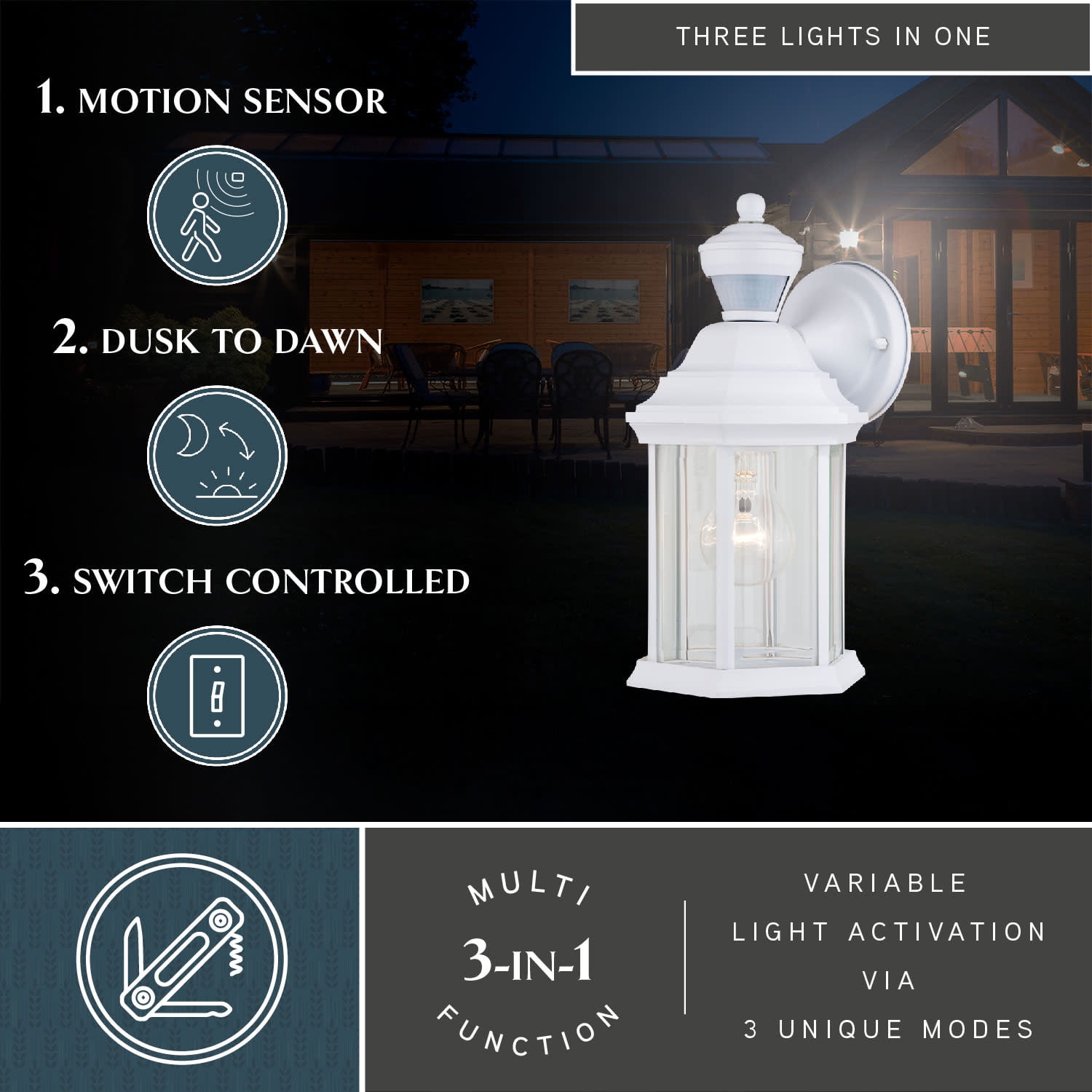 Auburn Aluminum 6.25-in. W 1 Light White Motion Sensor Dusk to Dawn Outdoor Wall Lantern Clear Glass
