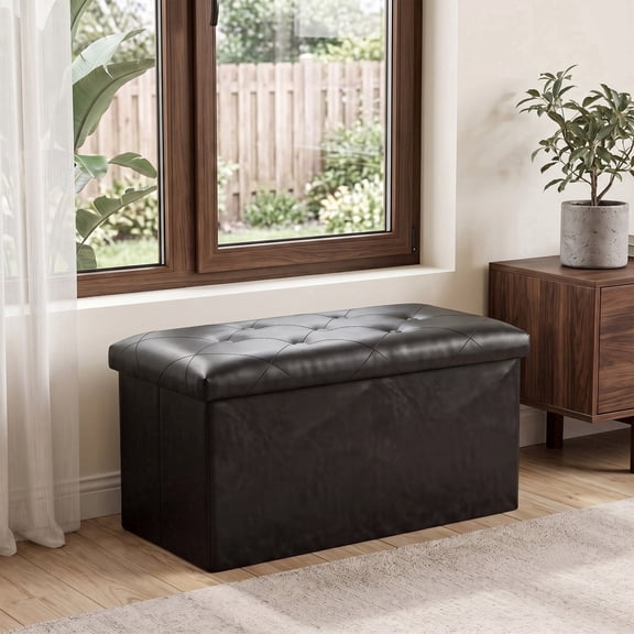 SOLACE FURNITURE Faux Leather Bench with Storage, Entryway Shoe Bench & Ottoman, Black