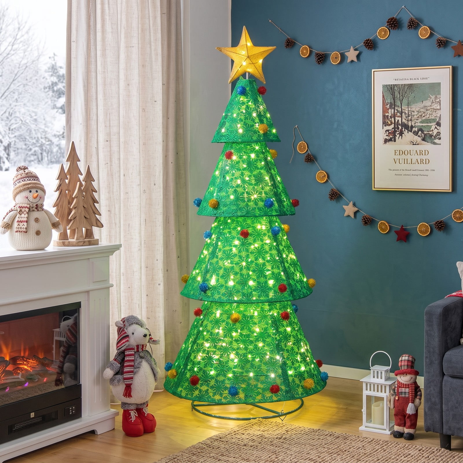 RUIE Pop-Up Christmas Tree 6.5 ft with 200 Warm White LED Lights, Collapsible Pre-Lit Artificial Xmas Tree for Indoor Outdoor Holiday Decoration, White