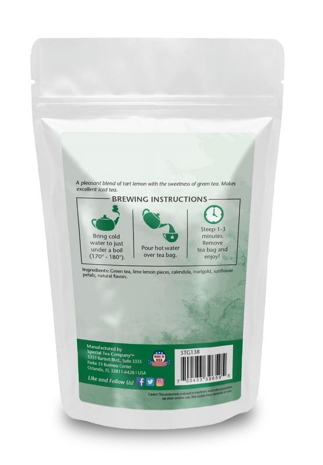 Special Tea Lemon Green Loose Leaf Green Tea, Pyramid 15 Sachets