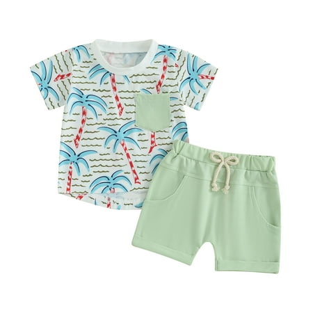 

Elippeo Summer Toddler Infant Baby Boy Set 6M 12M 18M 24M 3Y Short Sleeve Coconut Tree Print Tops + Elastic Waist Shorts Outfits Clothes