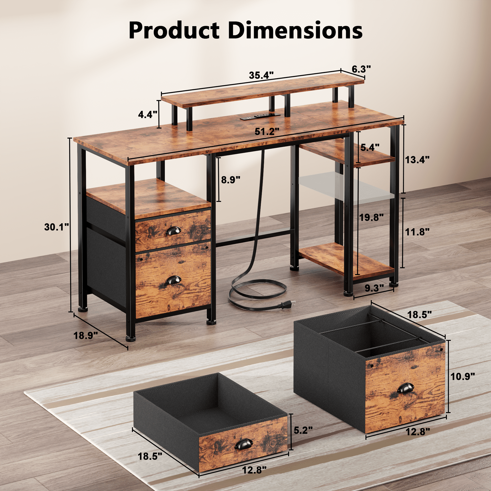 Satifur 51" Reversible 2-Tier Computer Desk with Power Outlet, LED Lights, File Cabinet & Storage Shelves,Rustic Brown