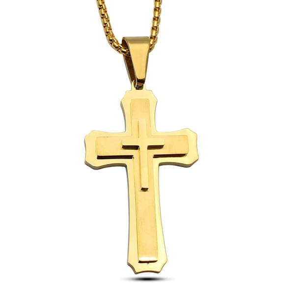 Stainless Steel Black Cross Pendant Necklace for Men, Gold Plated Chain, Christian Graduation Gift for Him, 23 Inch-gold-