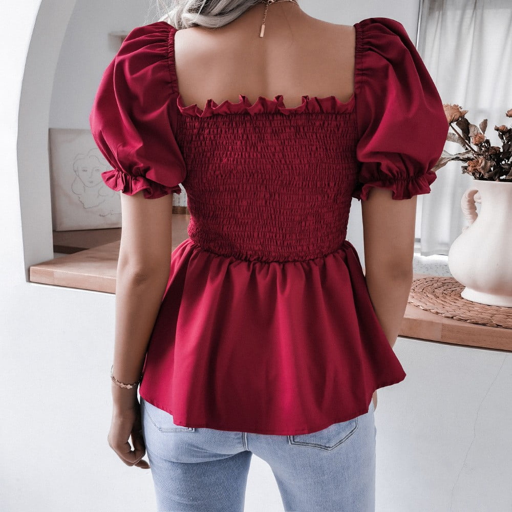 BLVB Women's Spring Puff Short Sleeve Square Neck Ruffle Smocked