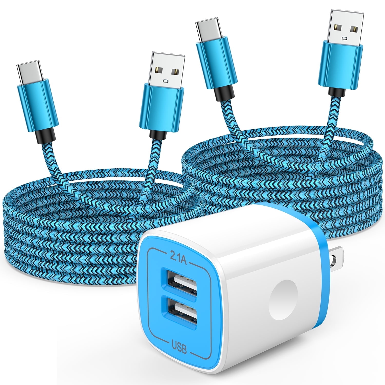 USB C Charger Fast Charging, 2.1A Dual Port Type C Charger Block with 2pcs Type C Cable 6FT, USB C Brick Cube Wall Charger Adapter Plug Charger Station Power Base Phone Charger Cords, Blue