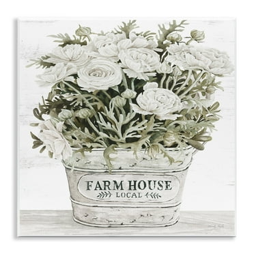 Stupell Industries Farmhouse Planter White Rose Blossoms Rustic Table Painting Unframed Art Print Wall Art, Design by Cindy Jacobs