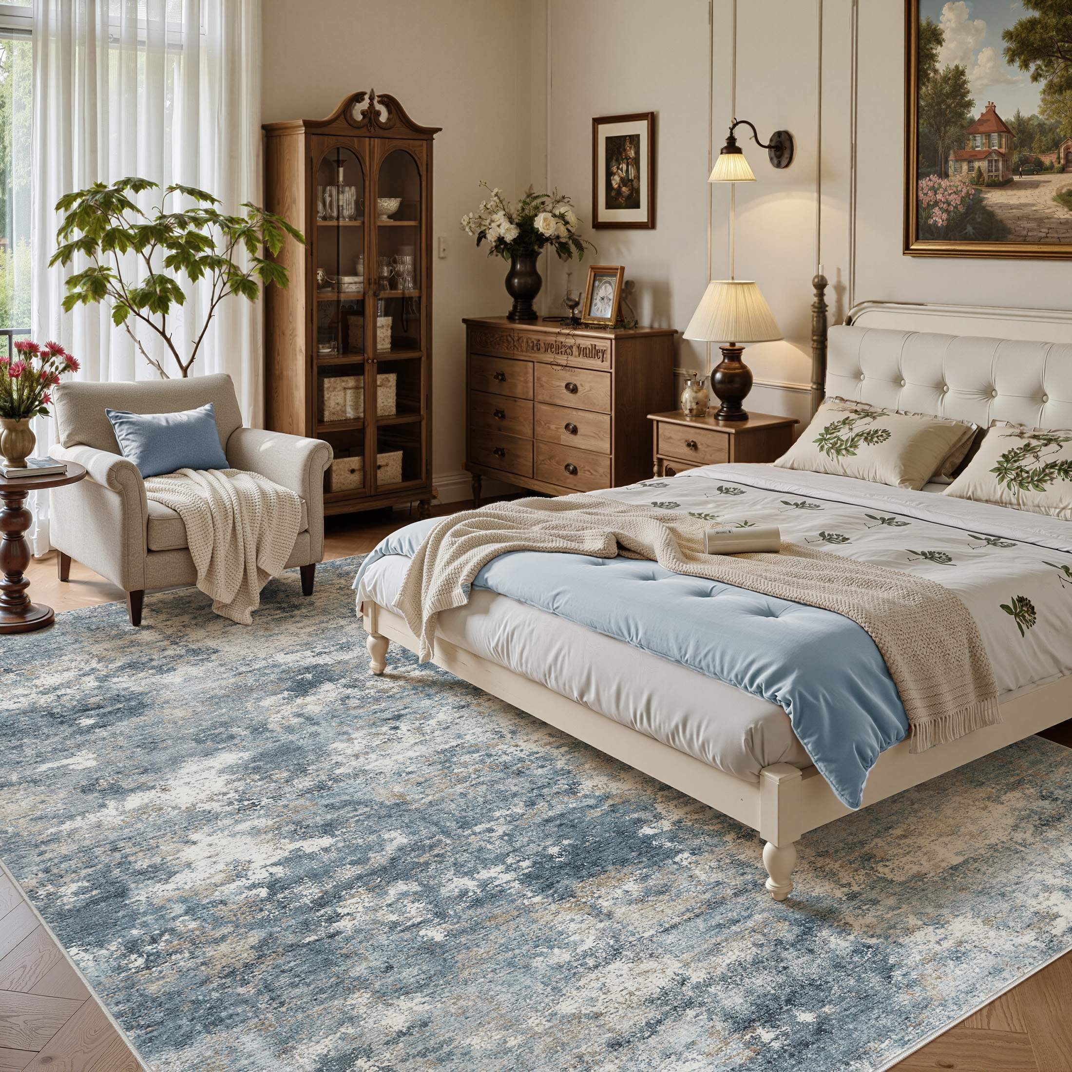 UERMEI 10'x14' Washable Area Rugs for Living Room, Modern Abstract Printed Carpet, Non Slip Indoor Rug for Bedroom Home Decor Carpets, Blue/Brown
