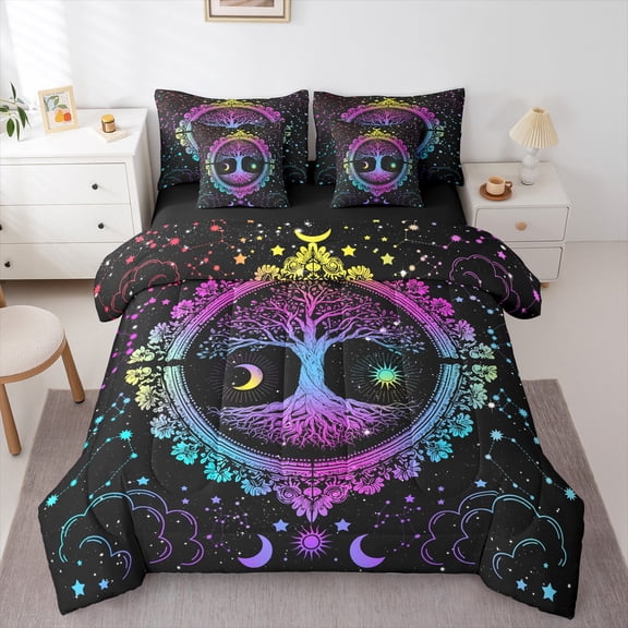 Homewish Teens Tree Of Life 7-Piece Twin Bedding Sets,Bohemian Theme Bedding Comforter Set,Gradient Universe Galaxy Breathable Sheet Sets,Lightweight Room Decor,Reversible