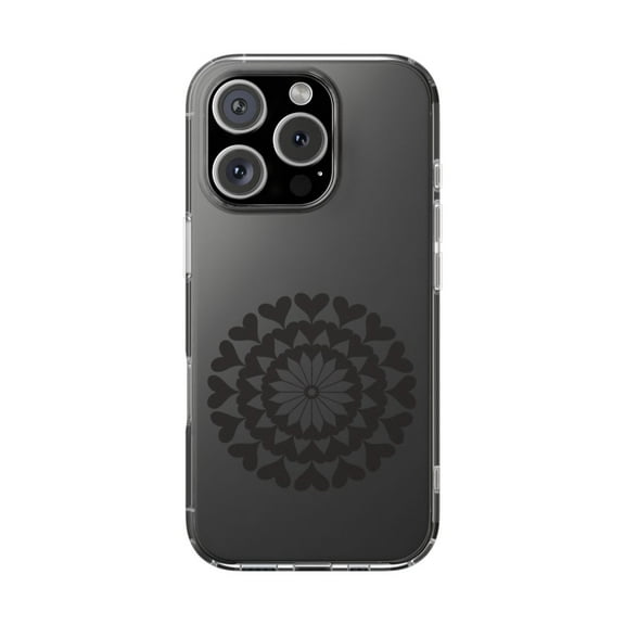 DistinctInk Clear Hybrid Case for Apple iPhone 16 Pro (6.3" Screen) - Black Hearts Mandala - Tempered Glass Back