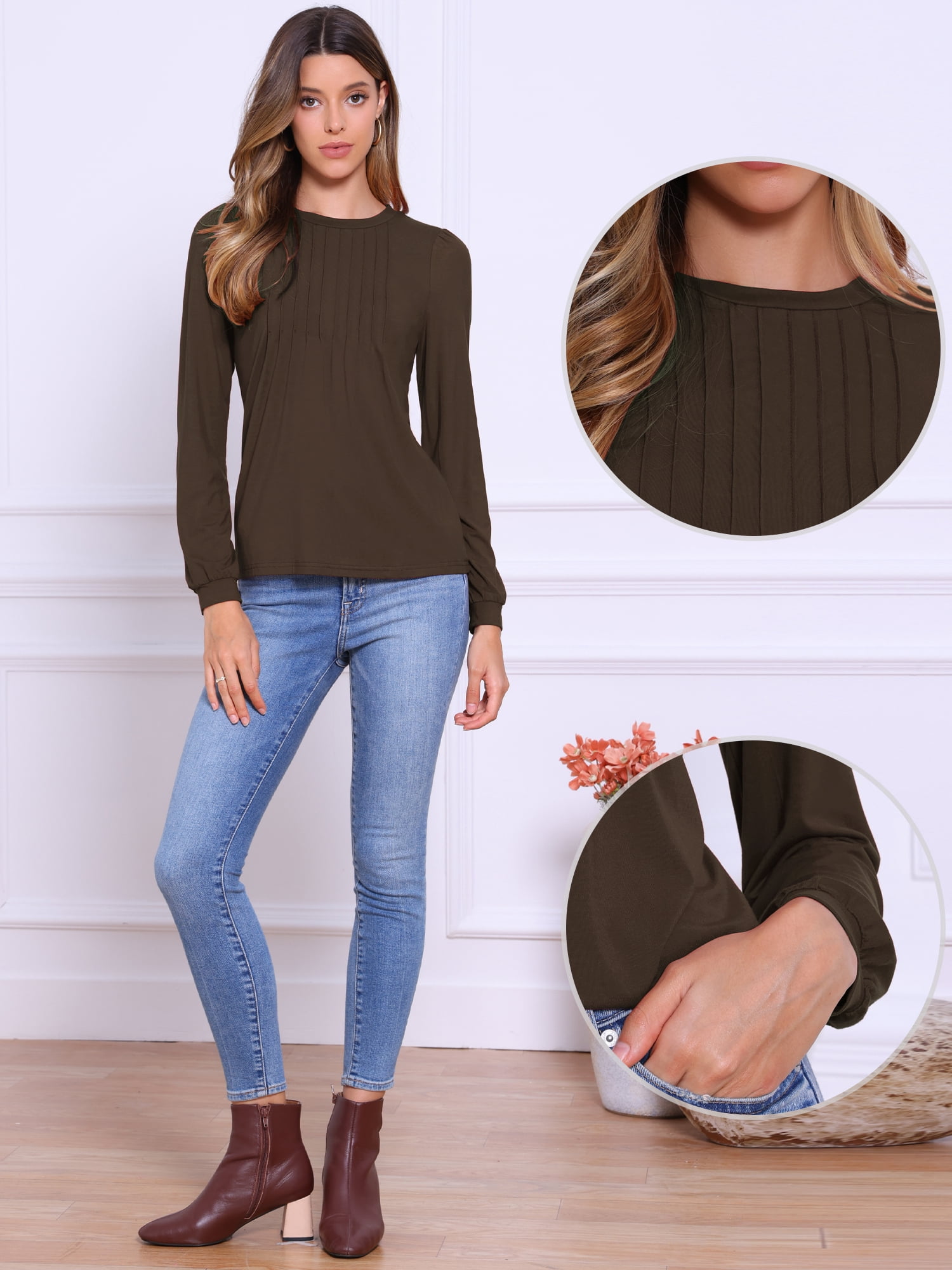 DARING DIVA Women's Pleated Trim Casual Long Sleeve Top XS Dark Brown